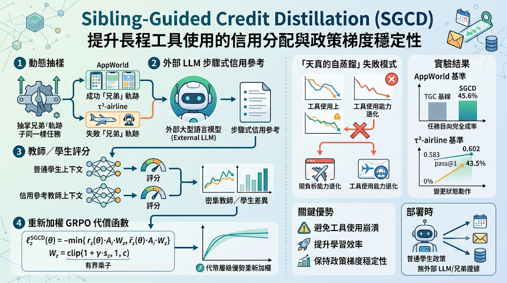 Sibling-Guided Credit Distillation (SGCD) infographic.