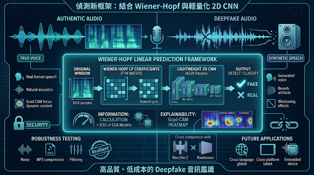 An infographic showing an audio Deepfake detection framework combining Wiener-Hopf prediction and lightweight 2D CNN.