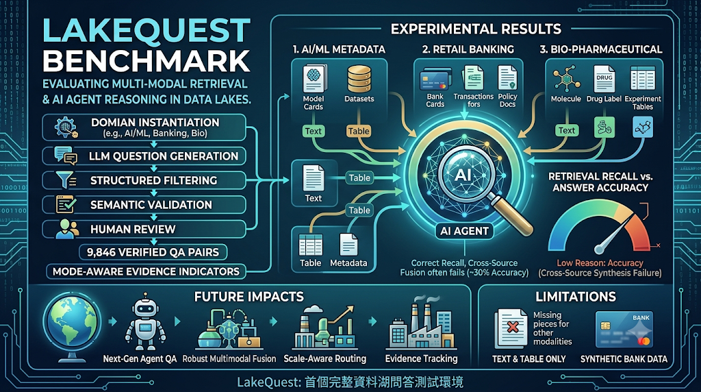 An infographic of the LakeQuest benchmark evaluating AI agent multi-modal retrieval and reasoning in data lakes.