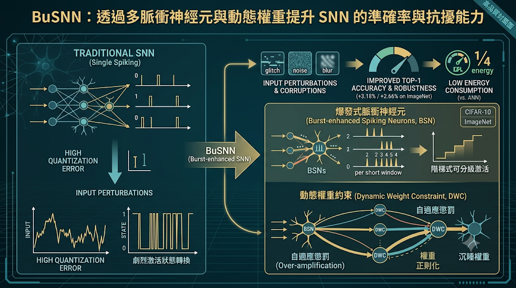 An infographic of BuSNN architecture combining burst-enhanced neurons and dynamic weight constraints for robust SNNs.
