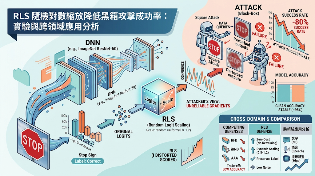 Infographic explaining Random Logit Scaling (RLS) defense against black-box AI attacks.