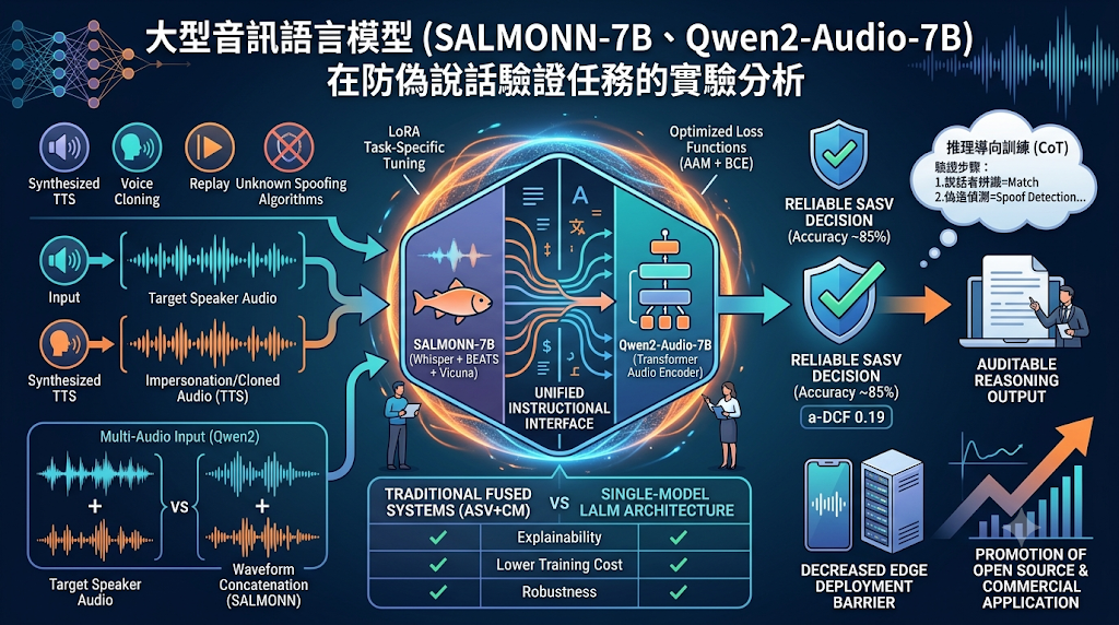 Infographic analyzing Large Audio Language Models for anti-spoofing speaker verification.