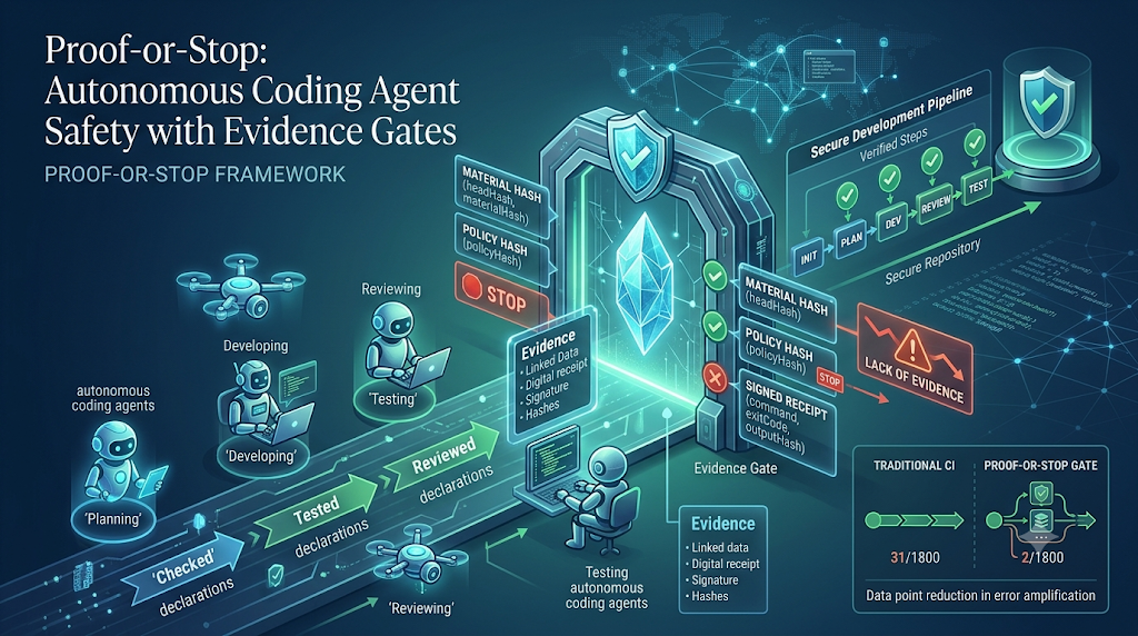 Infographic of the Proof-or-Stop safety framework for autonomous coding agents with evidence gates.