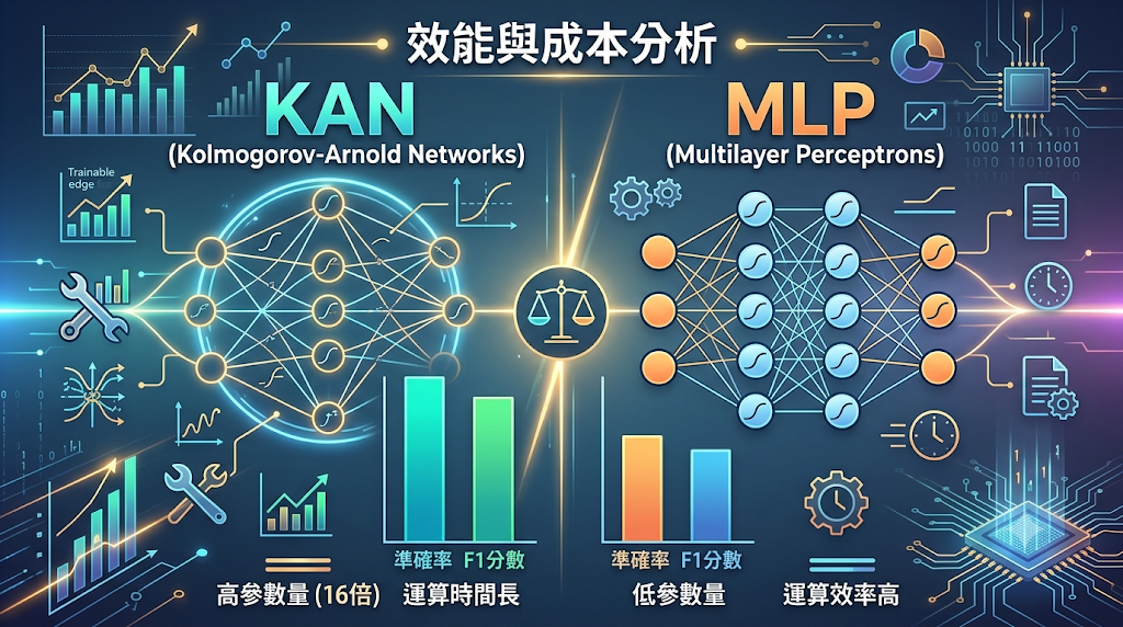 Performance and cost comparison between KAN and MLP models on structured data classification.
