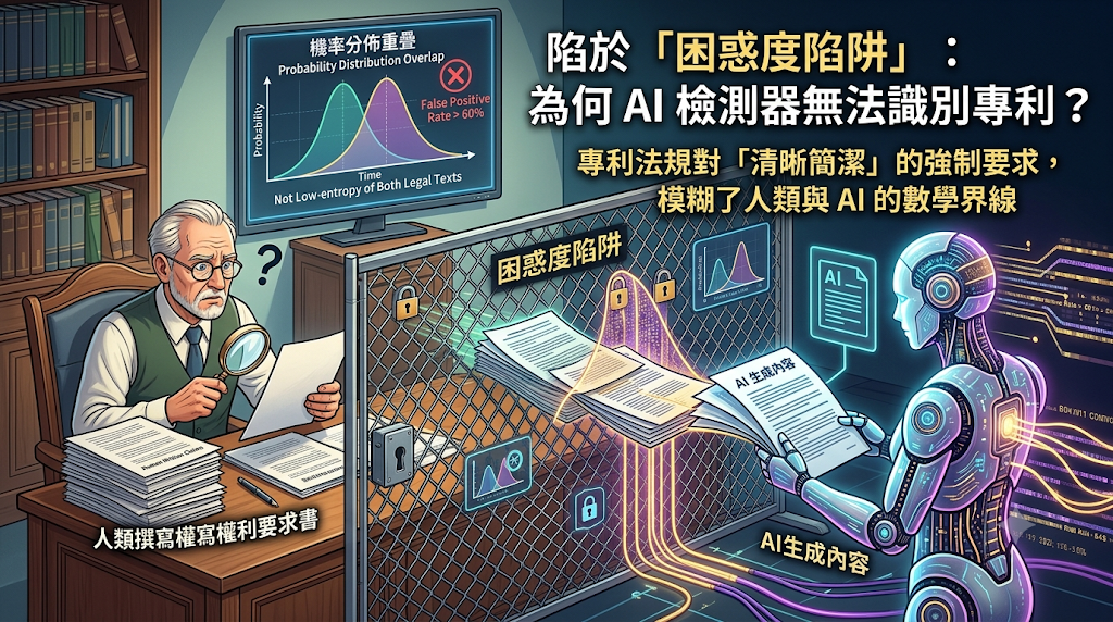 An illustration depicting the perplexity trap where human-written patent claims and AI text overlap in probability distributions.
