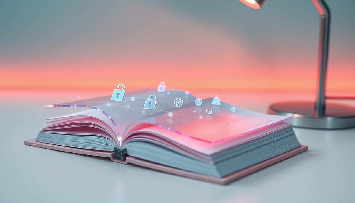 透明水晶書冊浮現隱私鎖與醫療金融圖標