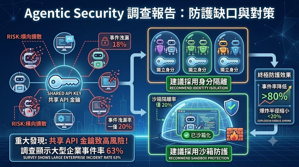 Infographic about Agentic Security: Risk of shared API keys and recommended identity isolation and sandbox protection.