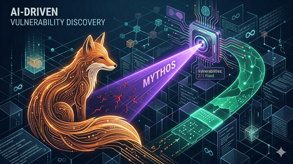 技術趨勢示意圖：Anthropic Mythos AI 工具大規模掃描 Firefox 程式碼空間，發現並修復 271 處潛在漏洞。圖中展現了 AI 如何填補傳統模糊測試的盲點，並強調了在開源專案與大型組織之間資源分配與資安防禦的結構性轉變。