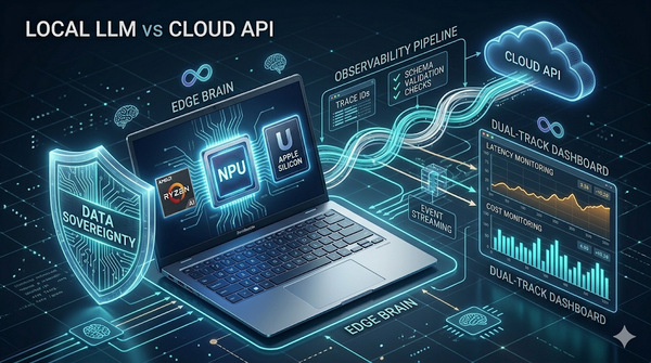 系統架構示意圖展示 Local LLM 在 Ryzen AI NPU 與 Apple Silicon 上的部署優勢。圖中強調了數據主權、離線韌性與長期成本效益，並展示了包含端到端驗證、可觀測性設計（Trace ID）與錯誤分級策略的工程實務架構，協助團隊將 AI Agent 從半自動化轉為可靠自動化。