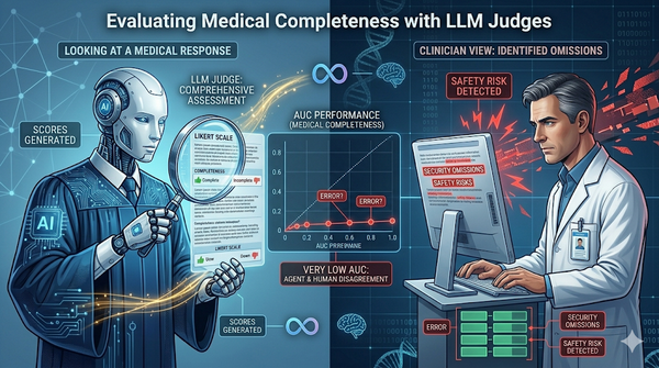 技術評測示意圖展示 LLM-as-a-Judge 在醫療問答完整性評估中的侷限。圖中對比了 General-Likert、Analytical-Rubric 與 Dynamic-Checklist 三種評分模式，並揭露了模型在偵測臨床關鍵遺漏（Omission）上的低召回率與推理分歧，強調了 Clinician-in-the-loop 在醫療 AI 安全中的必要性。