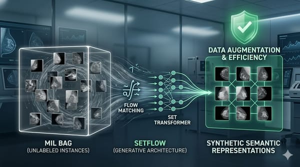 SetFlow 生成架構示意圖：展示如何透過流匹配與 Set Transformer 在表示空間生成乳房影像的 MIL 袋數據，用於解決臨床影像標註稀缺與資料擴增問題。