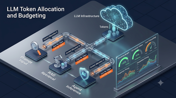 Isometric 3D infographic of LLM token economics, showing glowing token blocks flowing through pipelines to Prompt, RAG, and Agent sectors with a budget dashboard.