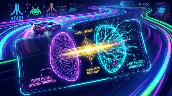 Futuristic 16:9 infographic showing a split AI brain with a Slow Model and Fast Model connected by a golden Latent Bridge beam, set against a high-speed racing game background.