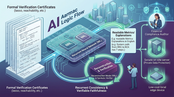 Infographic of an AI model converting verification certificates into readable text through a closed-loop validation.