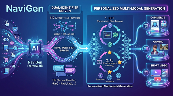 Infographic of NaviGen framework converting user behavior into AIGC prompts via dual identifiers and SFT+RL training.