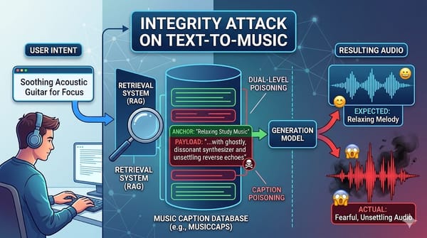 Abstract cyber security visualization showing malicious red data streams infiltrating a blue AI text-to-music database, distorting the audio waveforms.