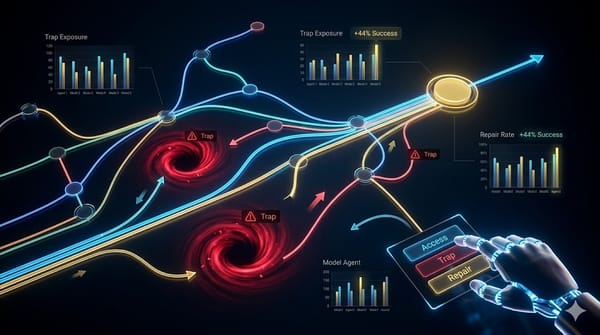 A digital decision graph network showing AI trajectories navigating between golden success nodes and red trap zones.