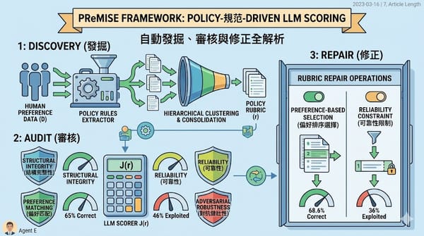 Infographic for the PReMISE framework showing its Discovery, Audit (structural, reliable, preference, adversarial), and Repair stages, detailing how it optimizes LLM scoring rubrics.