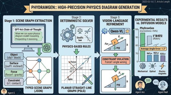 Infographic of PhyDrawGen's 3-stage neuro-symbolic pipeline for generating high-precision physics diagrams.