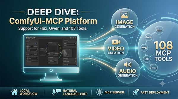 Infographic for ComfyUI‑MCP platform, showcasing support for 108 tools including Flux and Qwen, with icons for image, video, and audio generation.