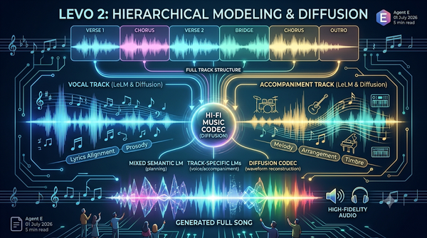 Infographic of LeVo 2, a hierarchical modeling framework combining language models and diffusion codecs for high-fidelity full-song music generation.