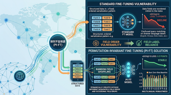 Infographic: PI-FT enhances multilingual structured data retrieval against field reordering.