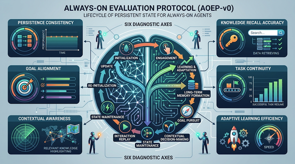 Infographic for AOEP-v0 framework mapping persistent state lifecycle and evaluation for always-on agents.