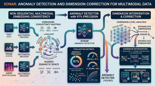 Infographic for SONAR anomaly detection and dimension correction in multimodal embedding.