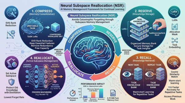 Infographic for NSR AI memory management framework for continual learning.