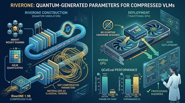 Infographic illustrating the RiverONE scientific VLM framework for quantum chart analysis.