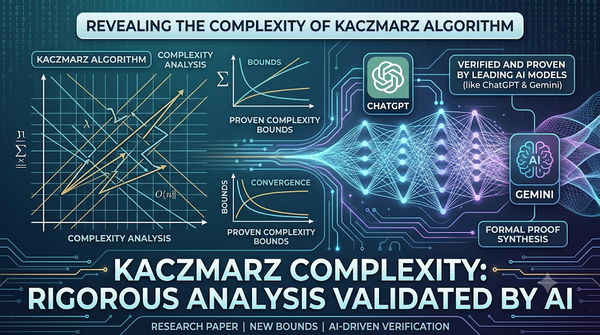 Kaczmarz algorithm complexity analysis math formula on chalkboard with abstract AI node network