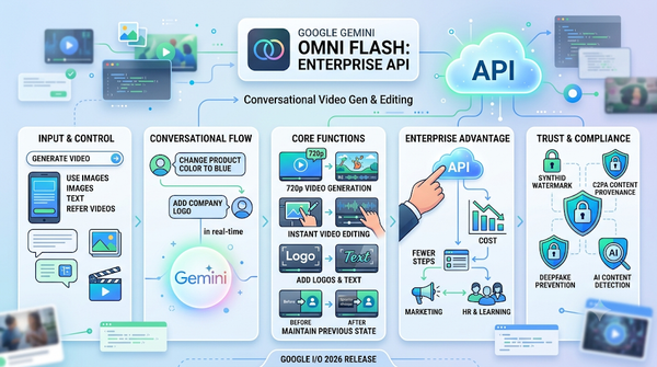 Google Gemini Omni Flash infographic showing enterprise video API features.