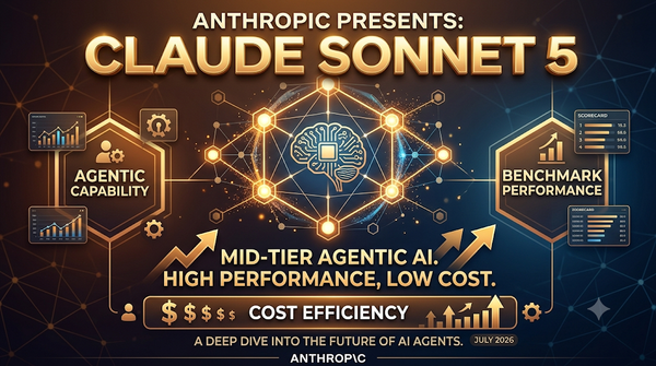 Claude Sonnet 5 infographic: Mid-tier agentic AI, high performance, low cost.
