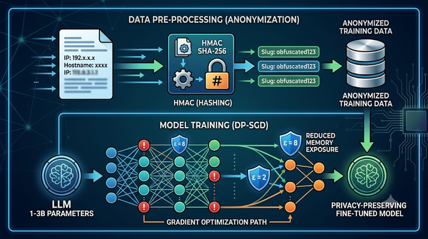 Infographic showing HMAC anonymization and DP-SGD model training for privacy-preserving LLM fine-tuning.