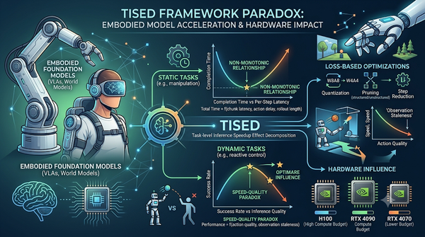 TISED framework infographic illustrating the speed-quality paradox and hardware impact on embodied AI models.