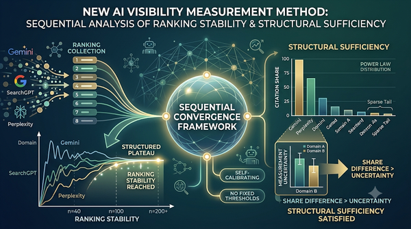 An infographic illustrating a new AI visibility measurement method using a sequential convergence framework to analyze ranking stability and structural sufficiency.