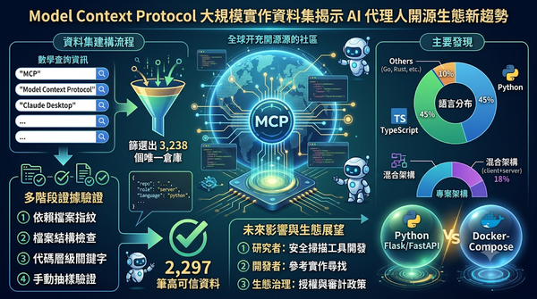 An infographic displaying dataset construction and key findings on the Model Context Protocol (MCP) open-source ecosystem.