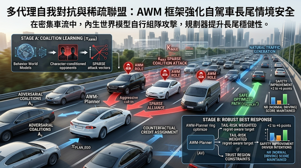 An infographic of the AWM framework showing multi-agent self-play generating sparse attacks to train autonomous vehicles.