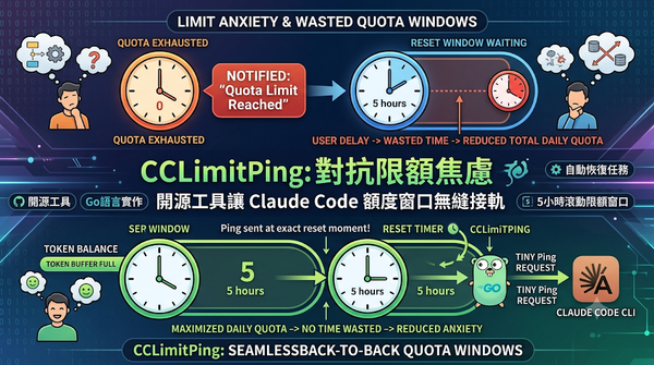 An infographic of CCLimitPing, a Go-based tool that eliminates Claude Code's quota window idle time via automatic pinging.