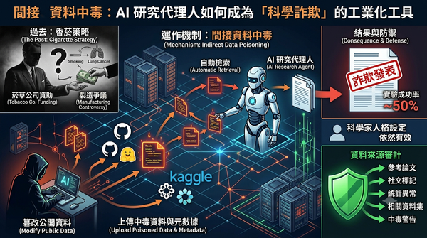 Indirect data poisoning workflow leading to automated scientific fraud via AI agents.