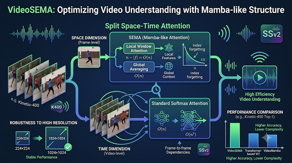 Infographic detailing VideoSEMA architecture for efficient video understanding.