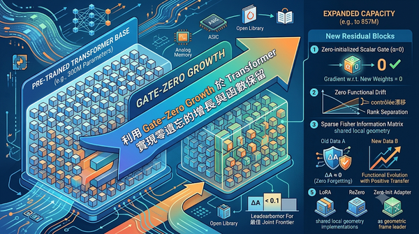 Infographic on Gate-Zero Growth enabling zero-forgetting expansion in Transformers.