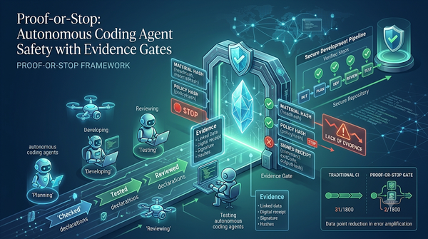 Infographic of the Proof-or-Stop safety framework for autonomous coding agents with evidence gates.