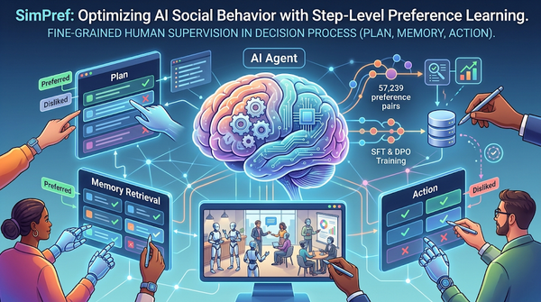 Infographic showing how SimPref optimizes AI social behavior through step-level preference learning.