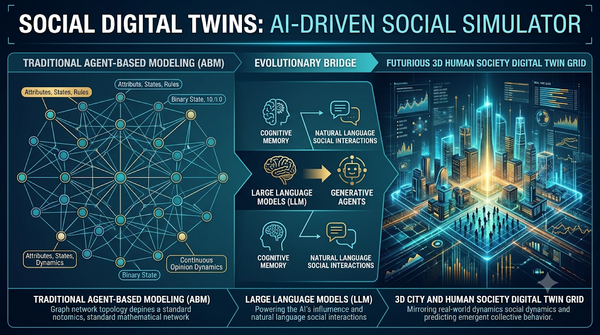 Infographic of Social Digital Twins comparing traditional ABM with LLM-driven social simulation.