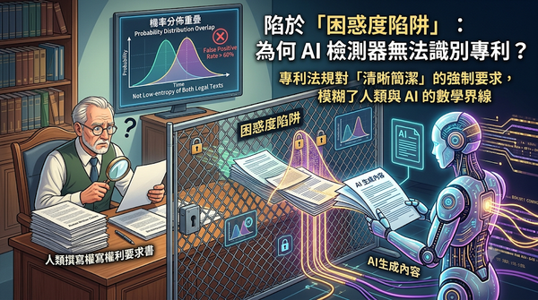 An illustration depicting the perplexity trap where human-written patent claims and AI text overlap in probability distributions.