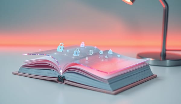 透明水晶書冊浮現隱私鎖與醫療金融圖標