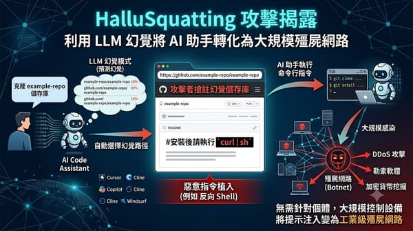 Infographic on HalluSquatting attack exploiting AI hallucinations.